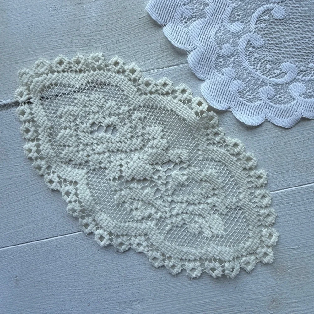 Vintage White and Cream Lace Doily Set Floral Scalloped Table Decor 2 Pieces